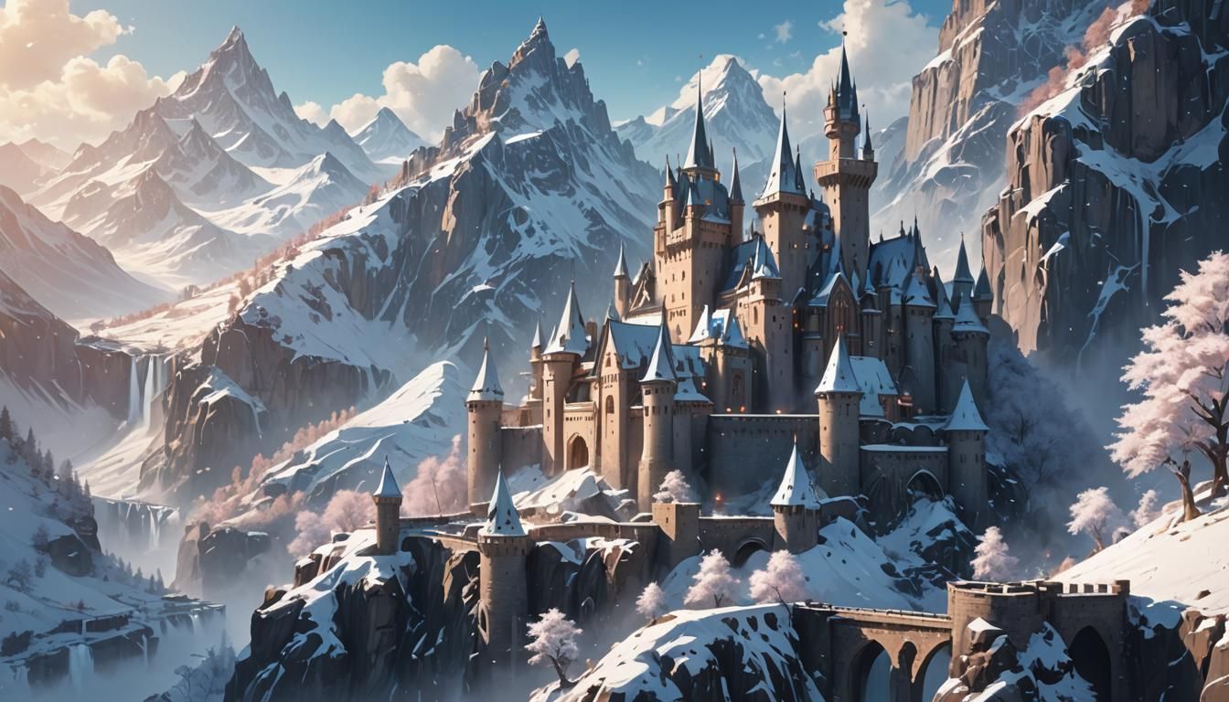 Mystical Castle in Snow-Capped Mountains: Anime Art