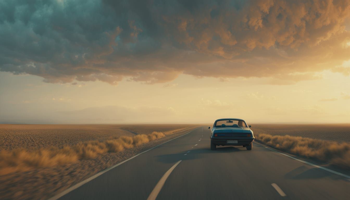 Hyper Realistic Deserted Road Car Scene at Golden Hour
