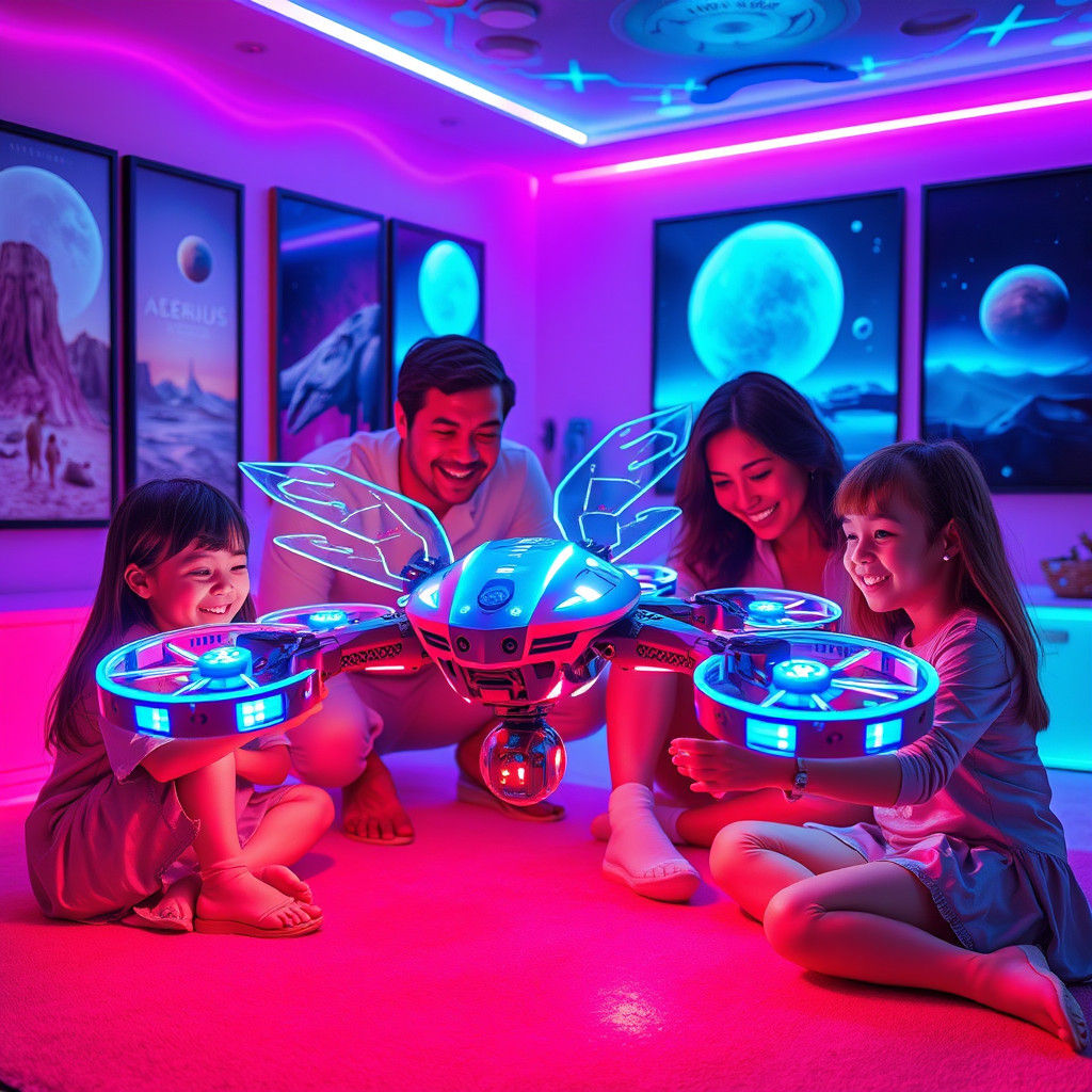 Futuristic Family Plays with AI Drone in Neon Room