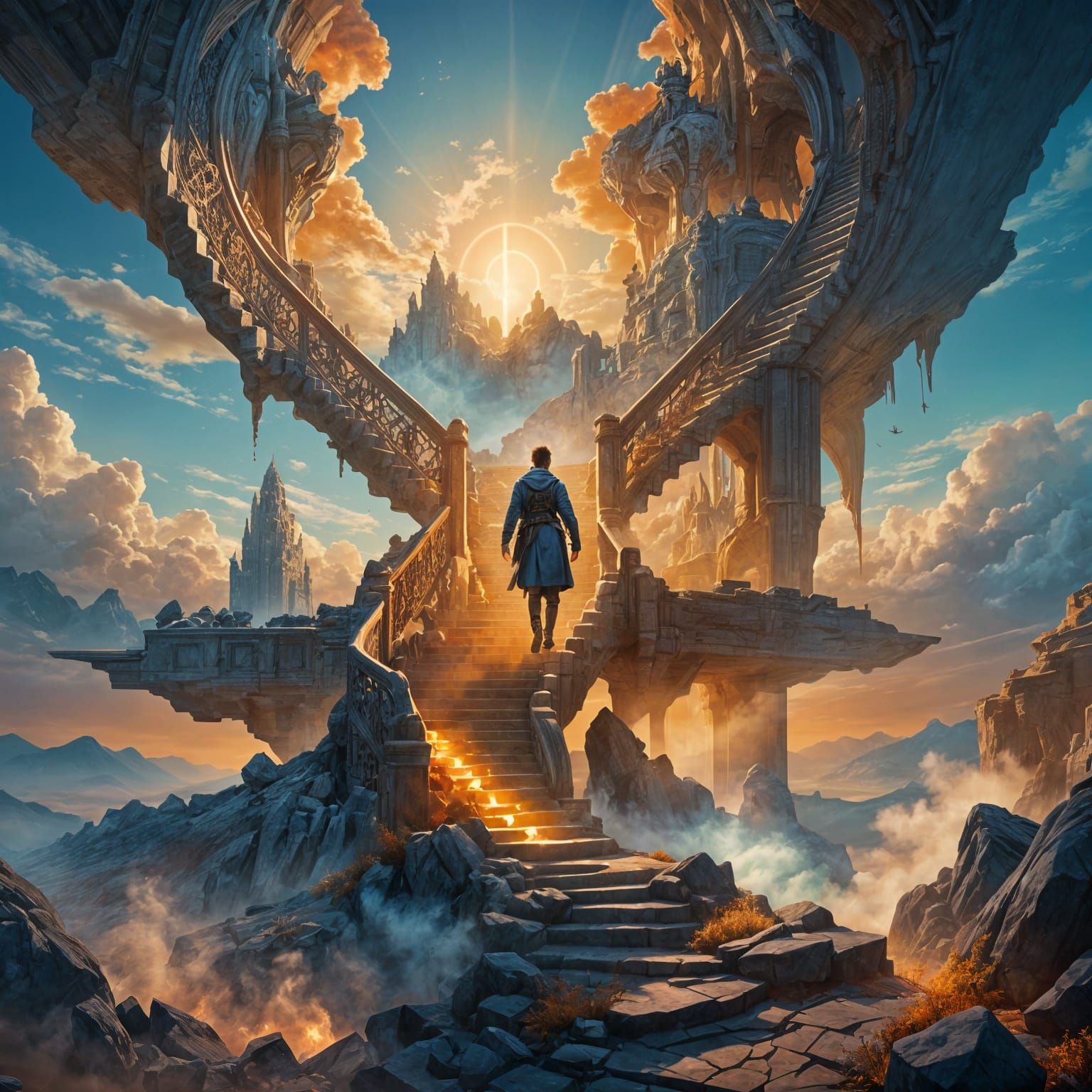 Person Ascending Stairs into Light: Fantasy Concept Art