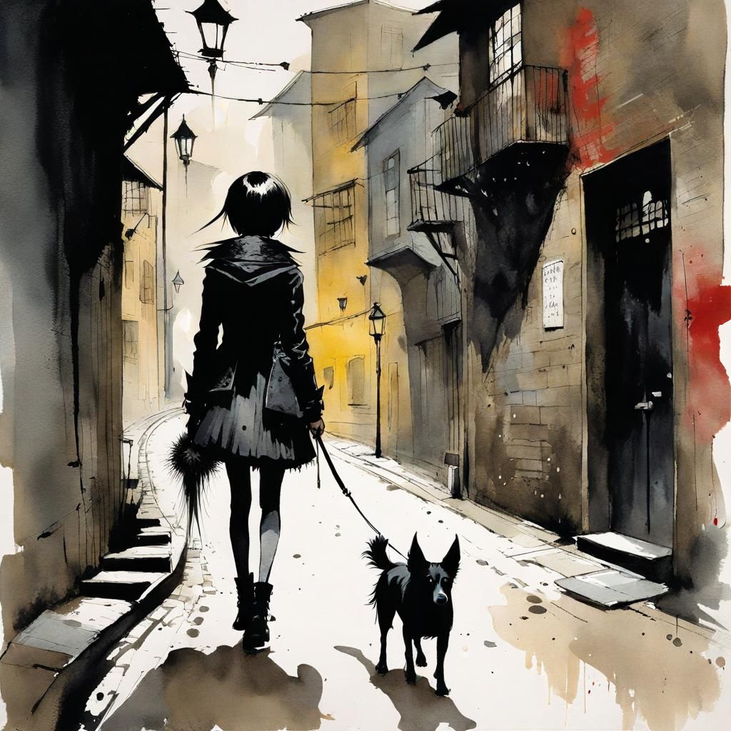 Goth Punk Girl Walks Dog: Watercolor Art Brut Style