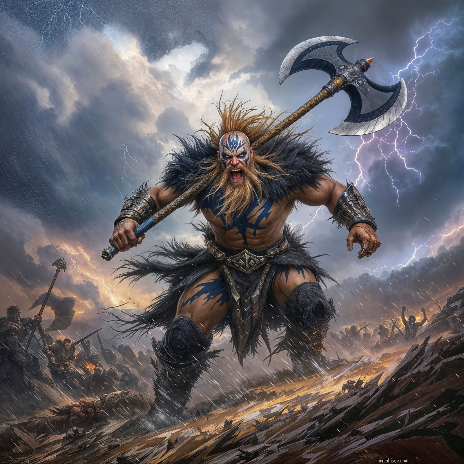 Furious Viking Berserker Charging Into Battle as Oil Paintin...