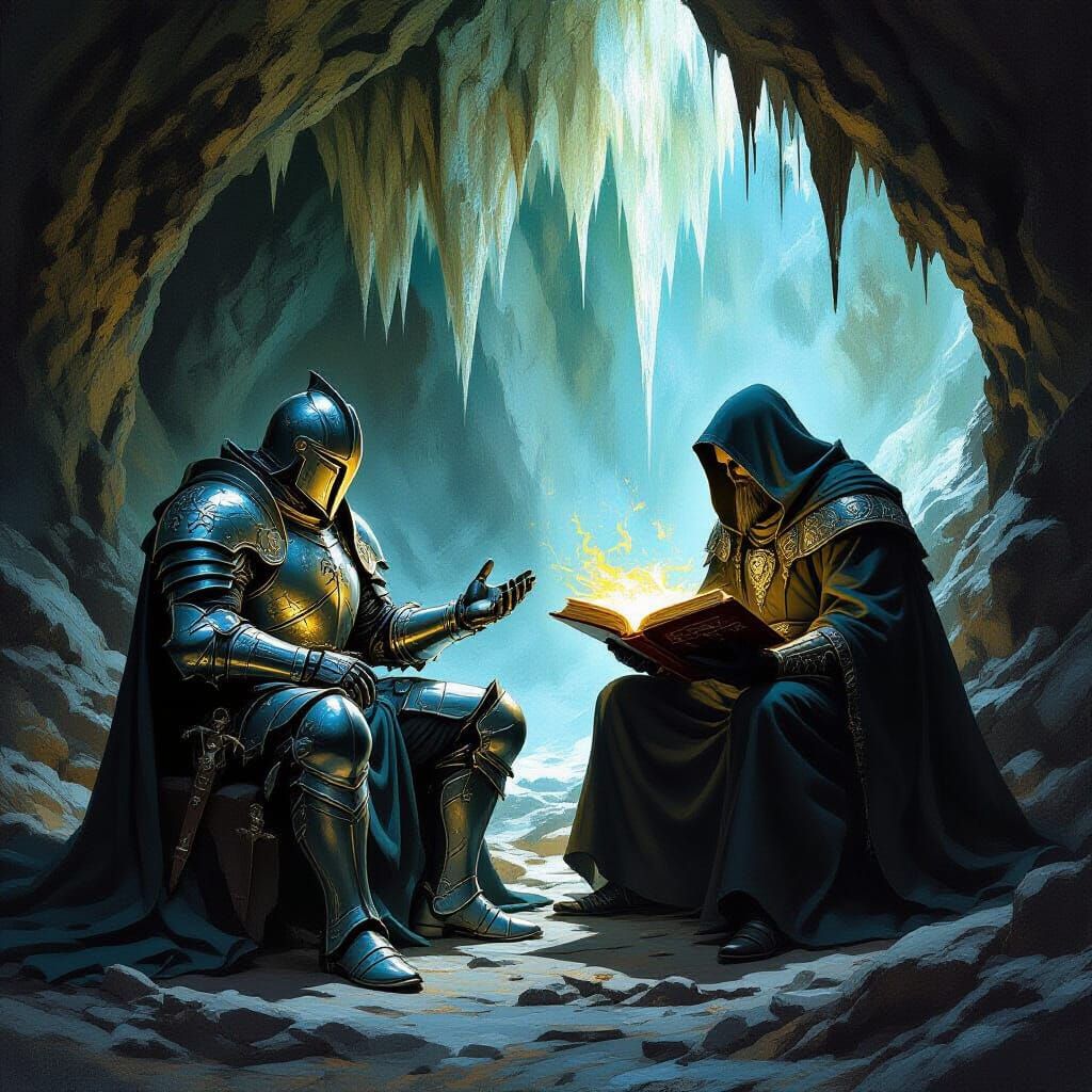 Cleric and Wizard Debate Undead Summoning in Cave