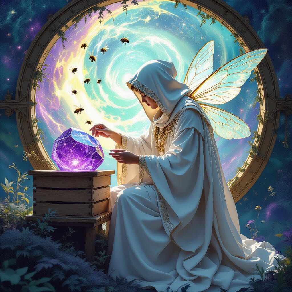 Celestial Beekeeper Tending Crystal Hives in Art Nouveau Sty...