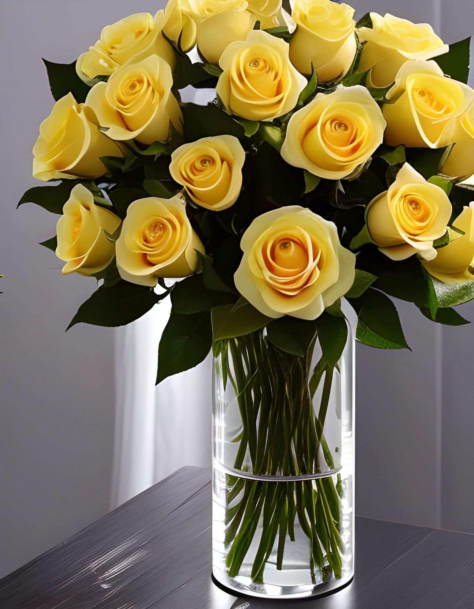 Photorealistic Yellow Roses in Crystal Vase