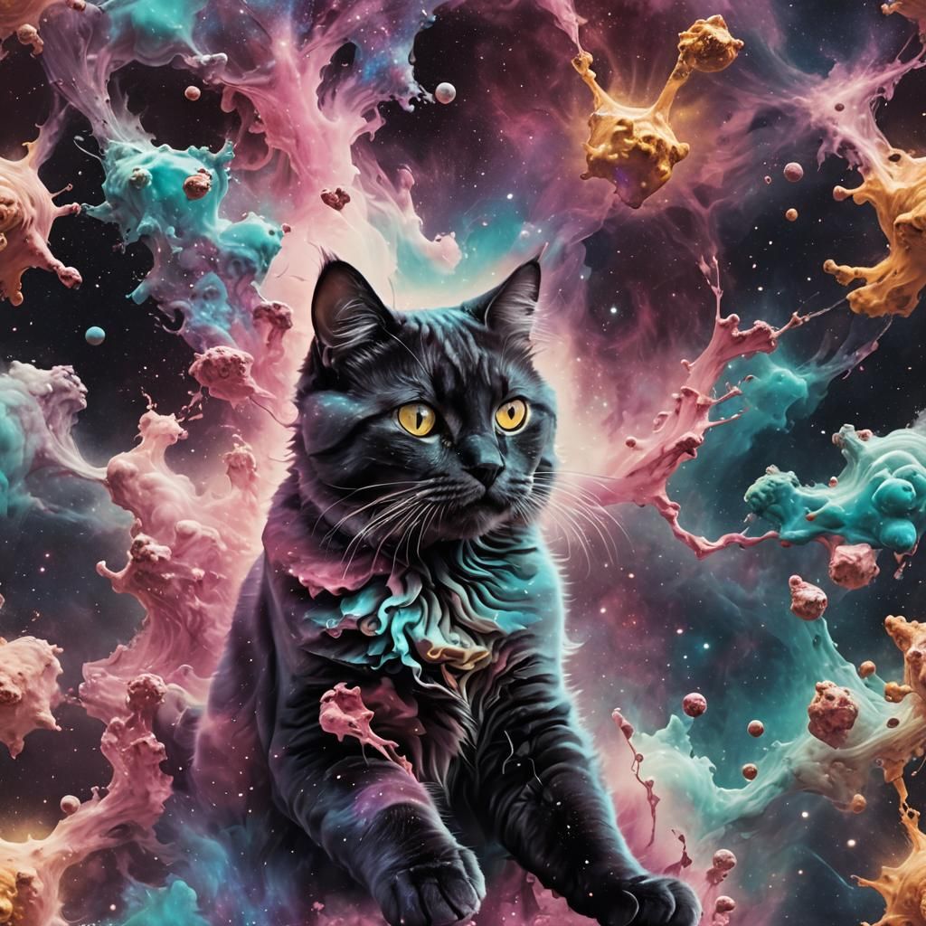 Cat in Space Nebula as Ink Painting