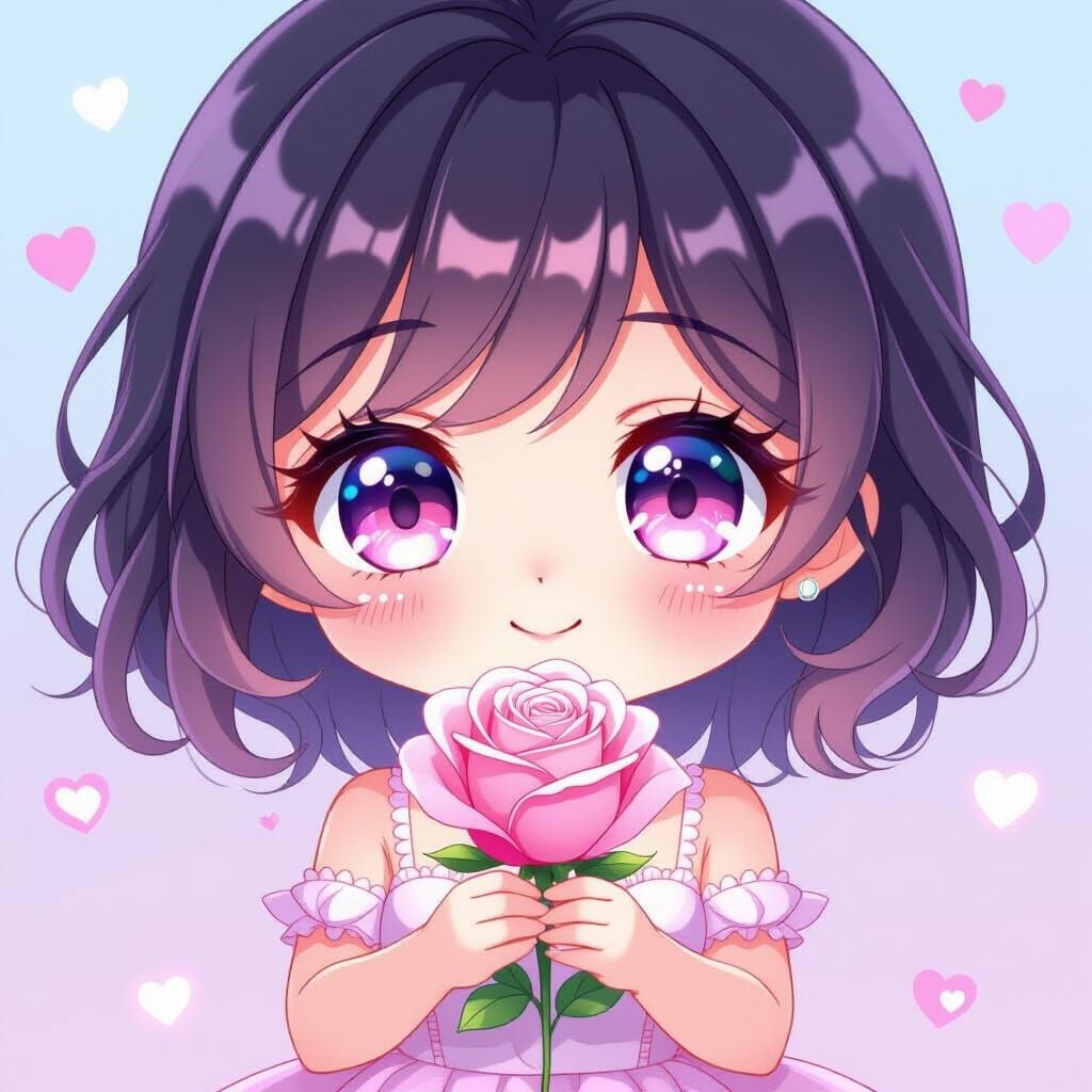 Cute Chibi Character Holding Pink Rose in Kawaii Manga Style