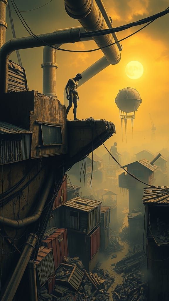 Decaying slum landscape with emaciated figure on crumbling l...