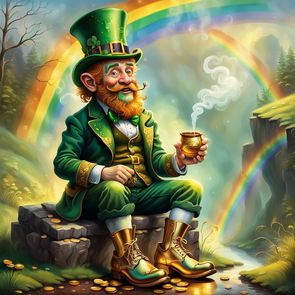 Leprechaun at Rainbow's End: A Folk Art Illustration