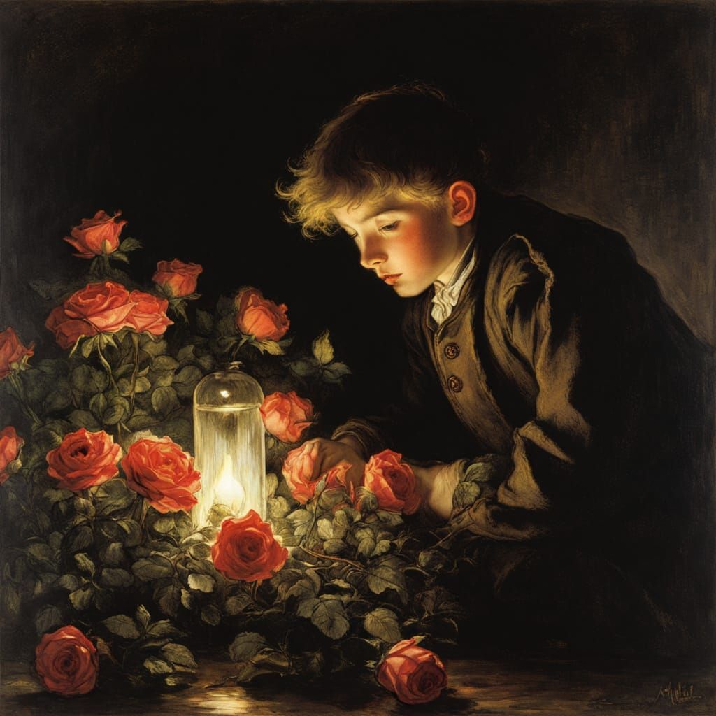 Enchanting Nighttime Scene with a Boy and Glowing Roses