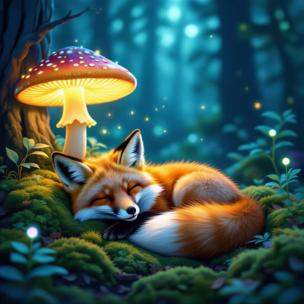Fox Asleep Under Glowing Mushroom, Synthwave Neon Retro