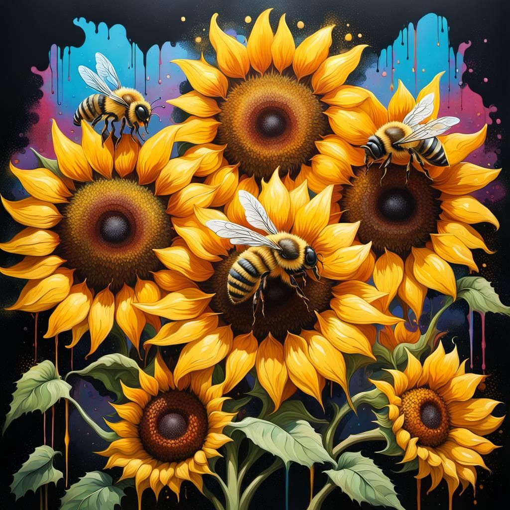 Bees Pollinating Sunflowers: Graffiti Art Style