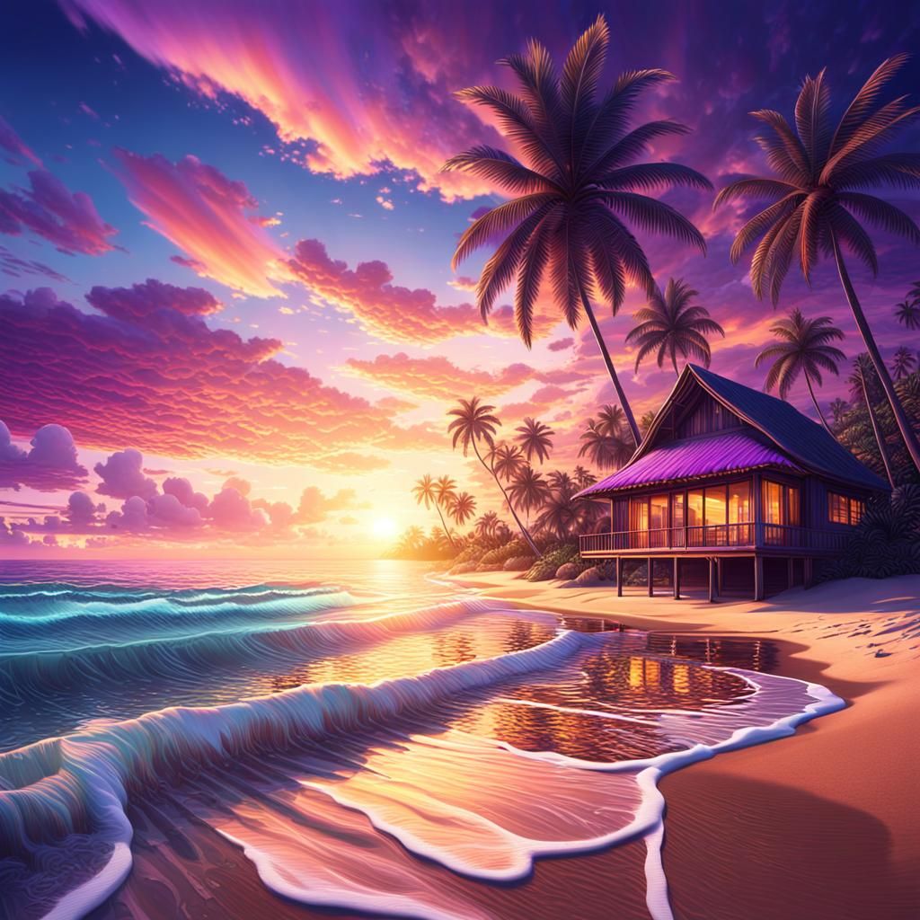 Tropical Beach Sunset: Fantasy Landscape Painting