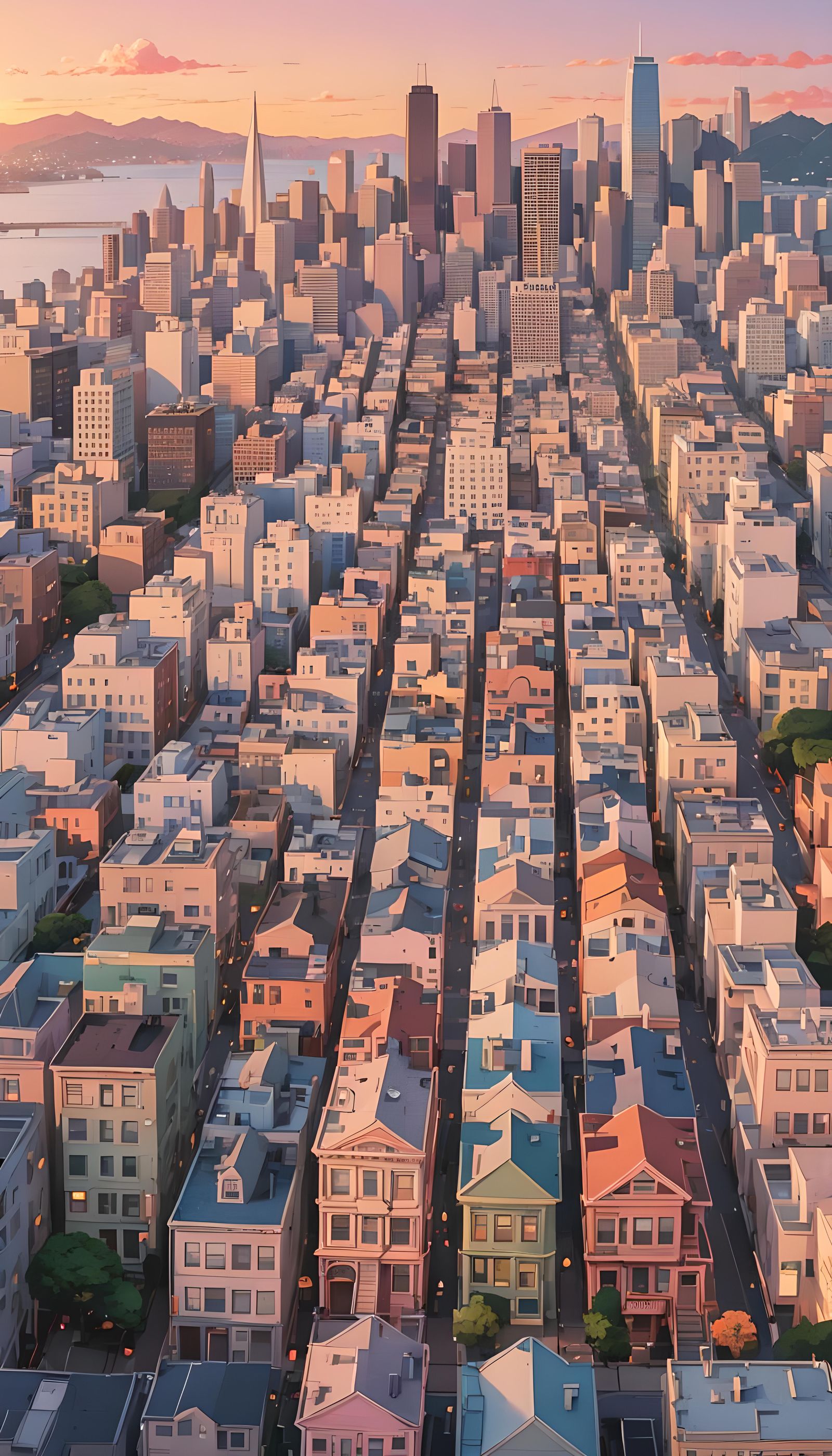 San Francisco Sunset in 90s Anime Style