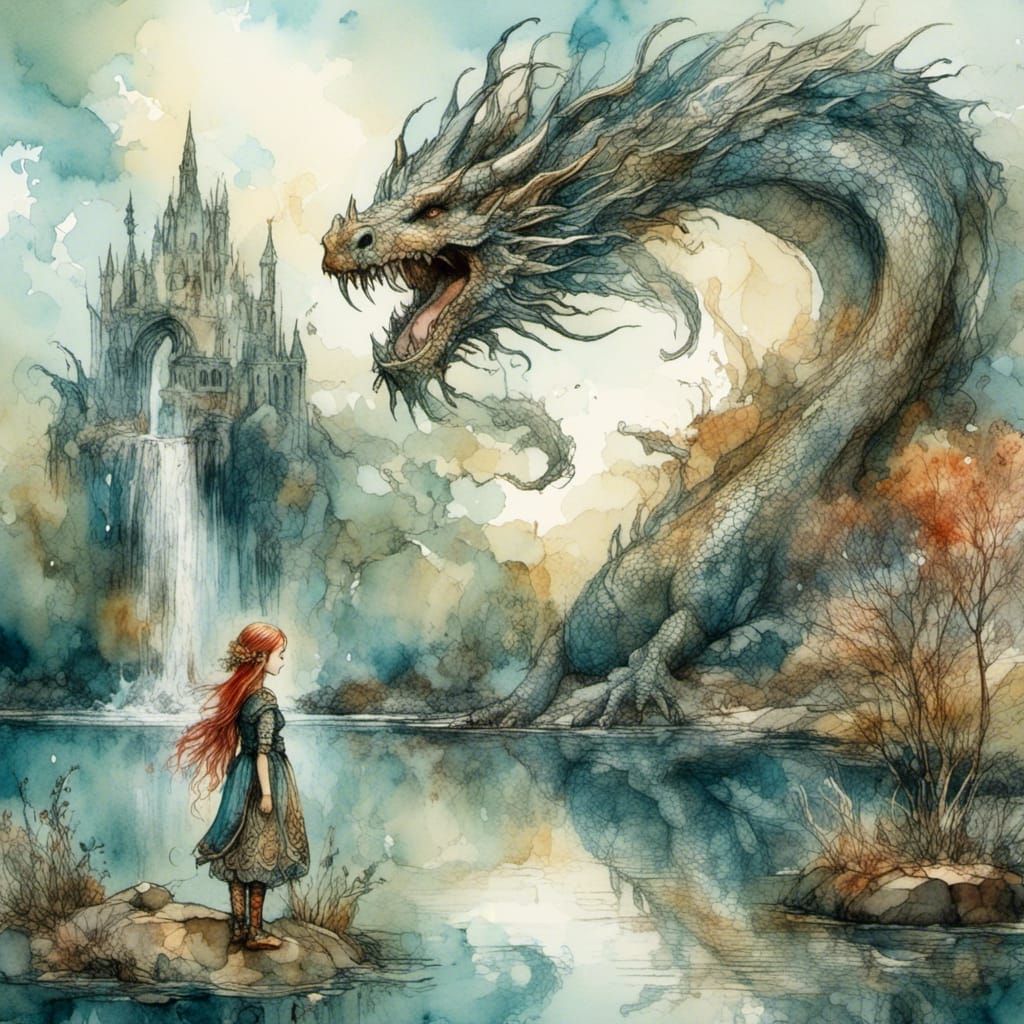 Elf and Dragon Lake in Vintage Watercolour Style