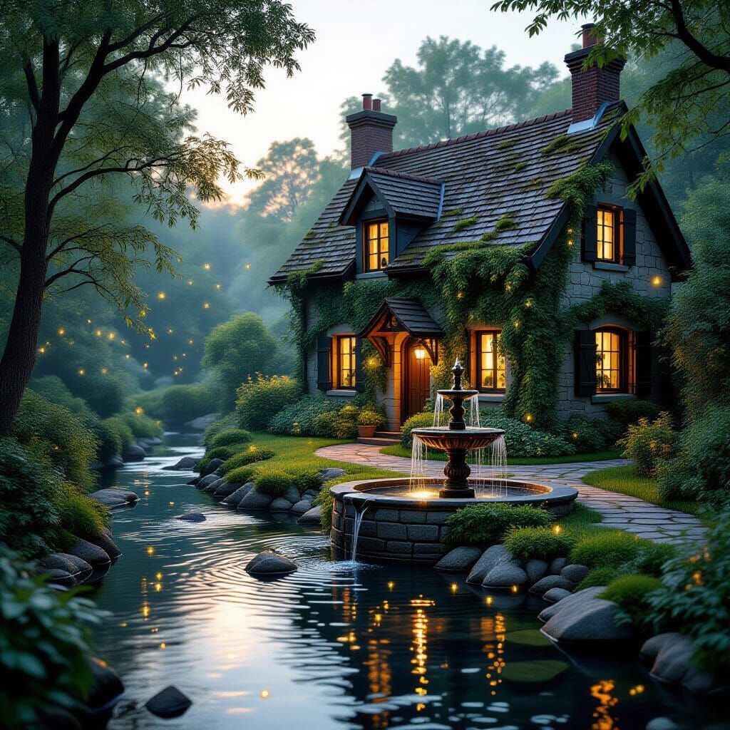 Cozy Twilight Cottage by Flowing Stream with Fireflies