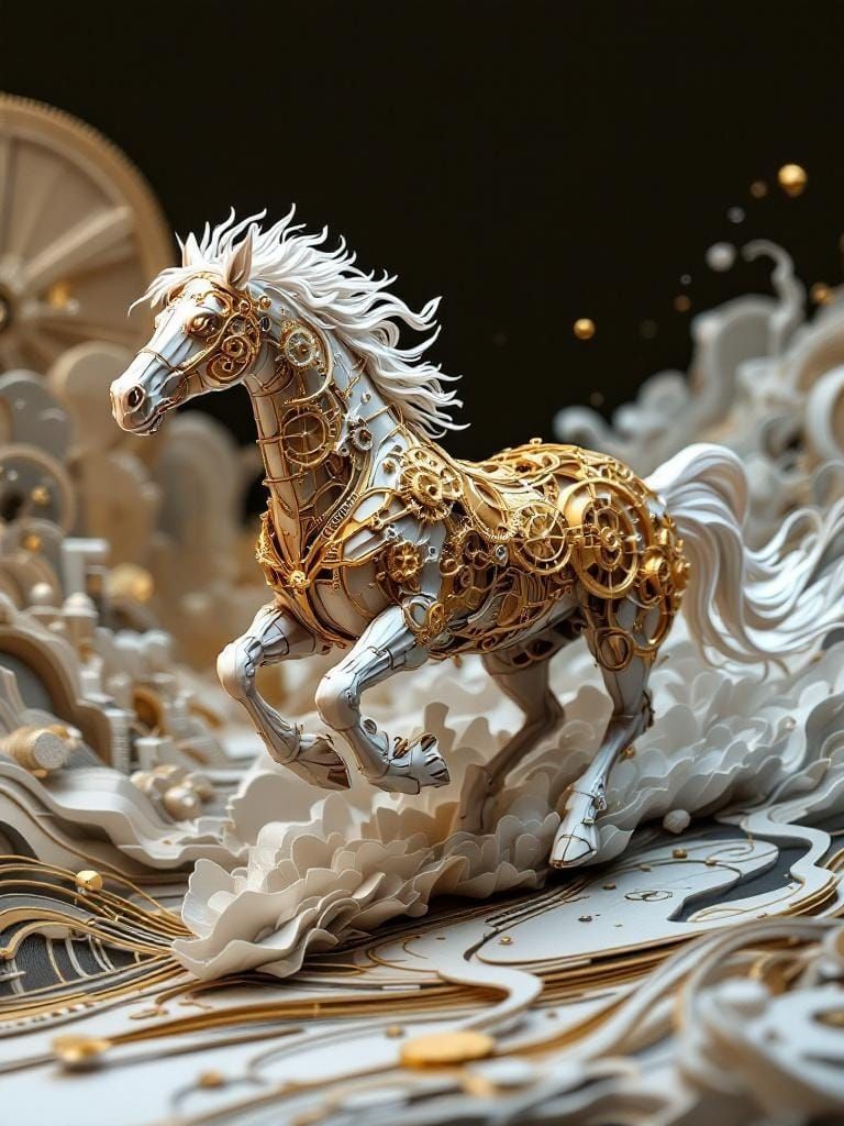 Mechanical Horse: Papercraft Gears in Retro-Futuristic Style