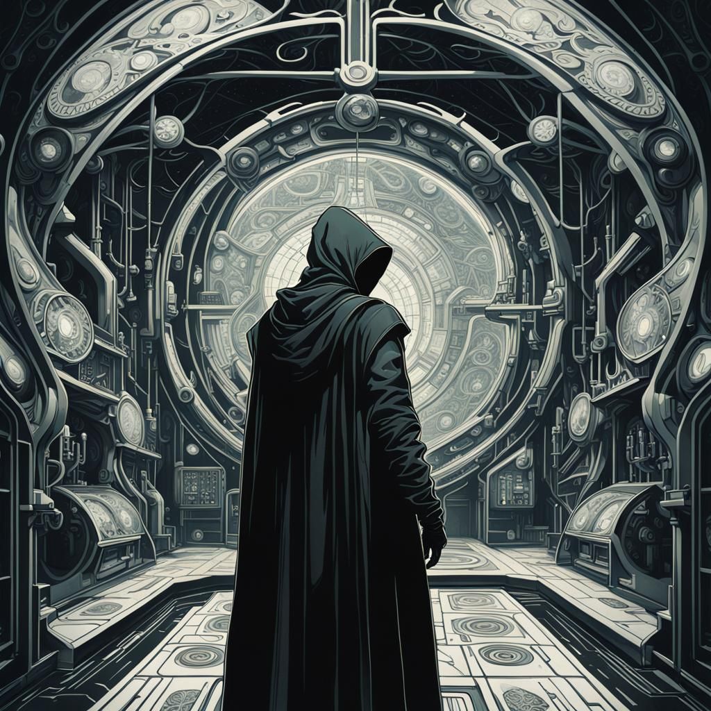 Sci-Fi Art Nouveau Hooded Figure in Laboratory