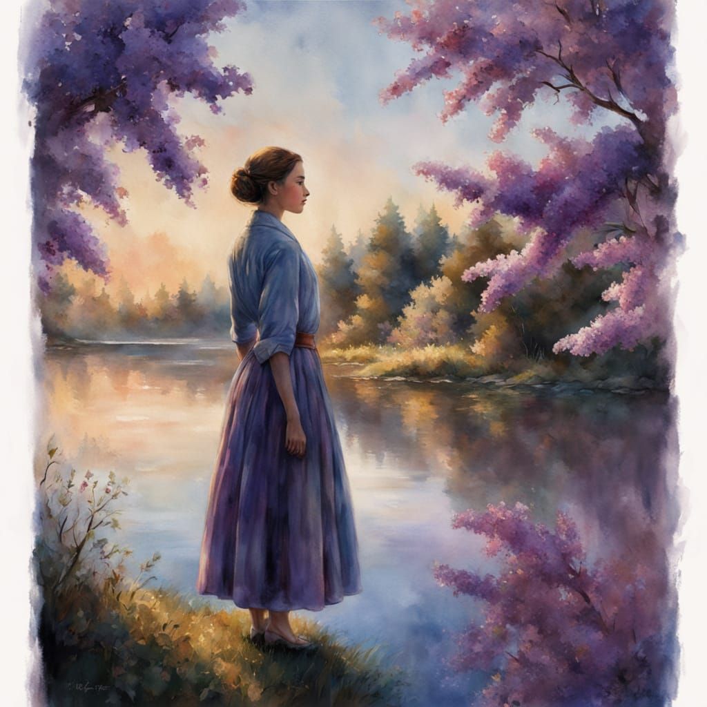 Woman by Lilac Lake in Watercolor Style