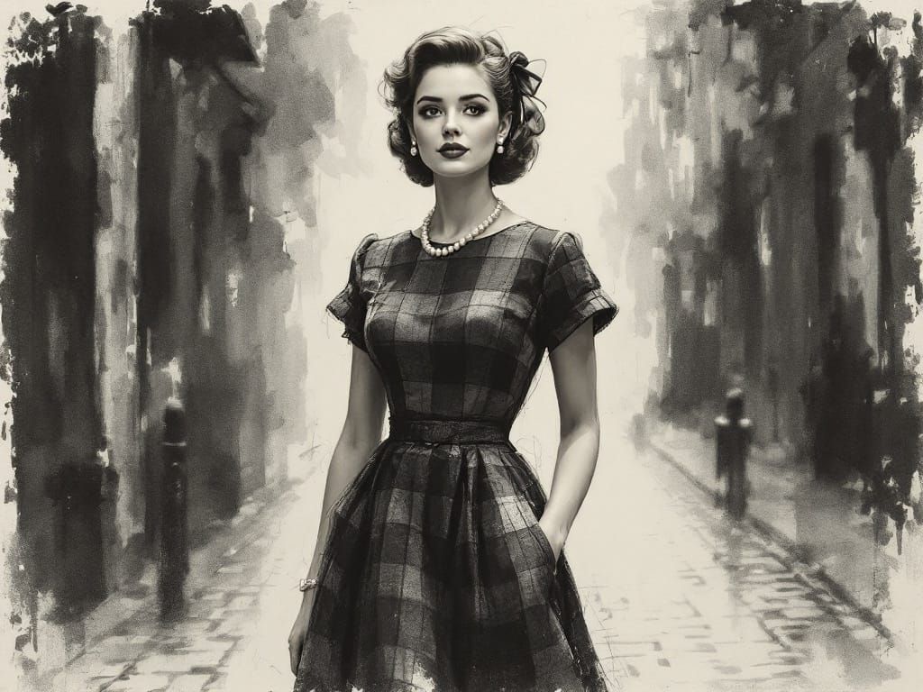 Confident Woman in Plaid, Shadows Dance Around Her