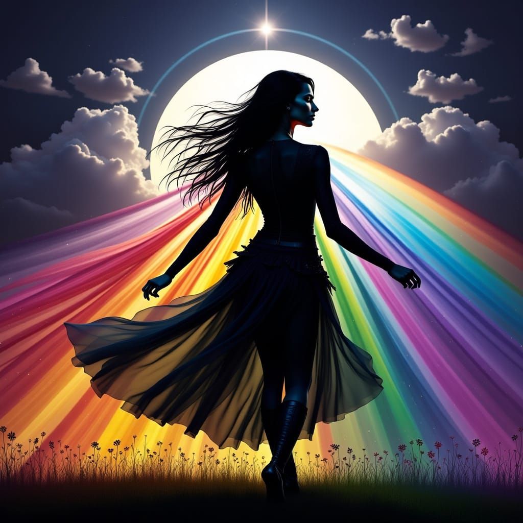 Cyborg Dancer Illuminated by Vibrant Rainbows in Moonlight