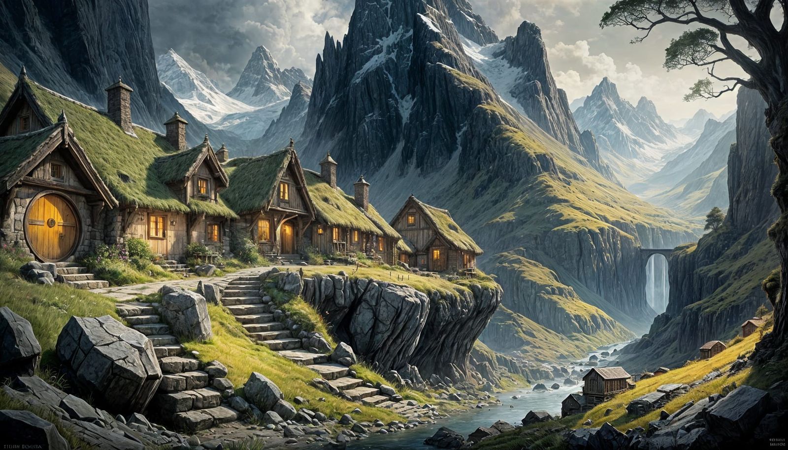 Hobbit Village in Shadowy Rocky Valley