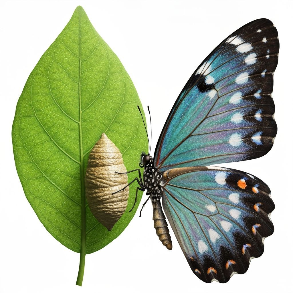 Green Leaf, Cocoon, and Butterfly Wing in 3D
