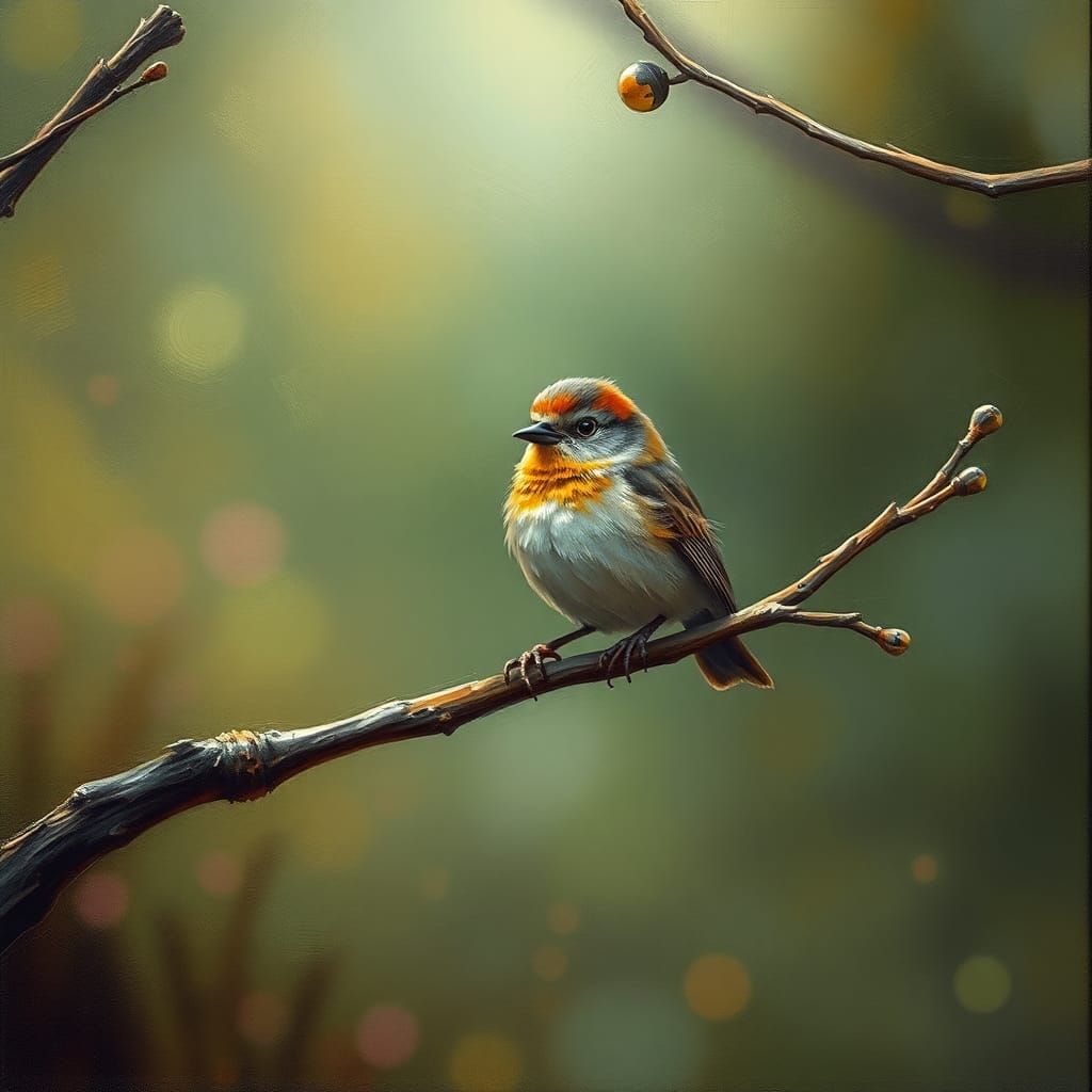 Whimsical Bird on Twig: Detailed Matte Painting