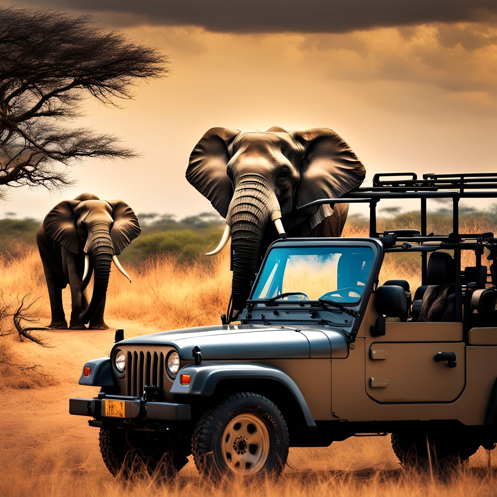 African Safari Elephant Seen From Jeep, Hyperrealistic HDR