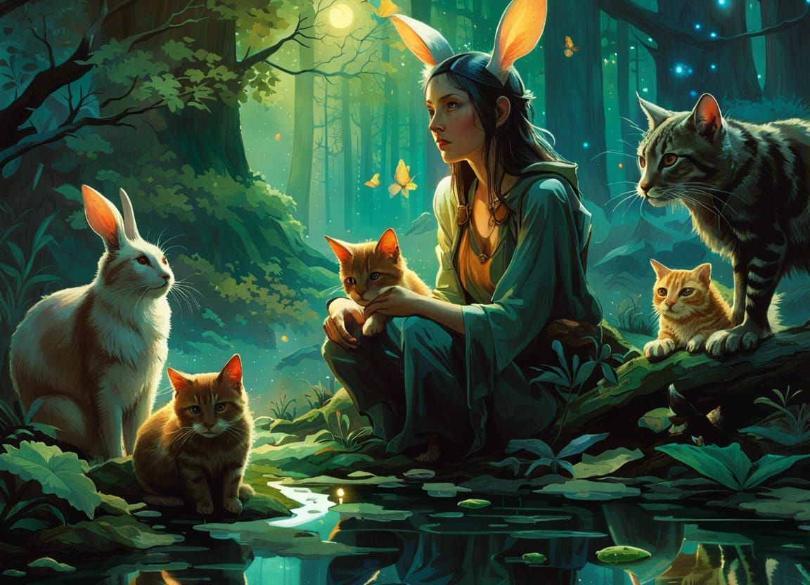 Dryad Druid in Forest with Animals, Digital Art