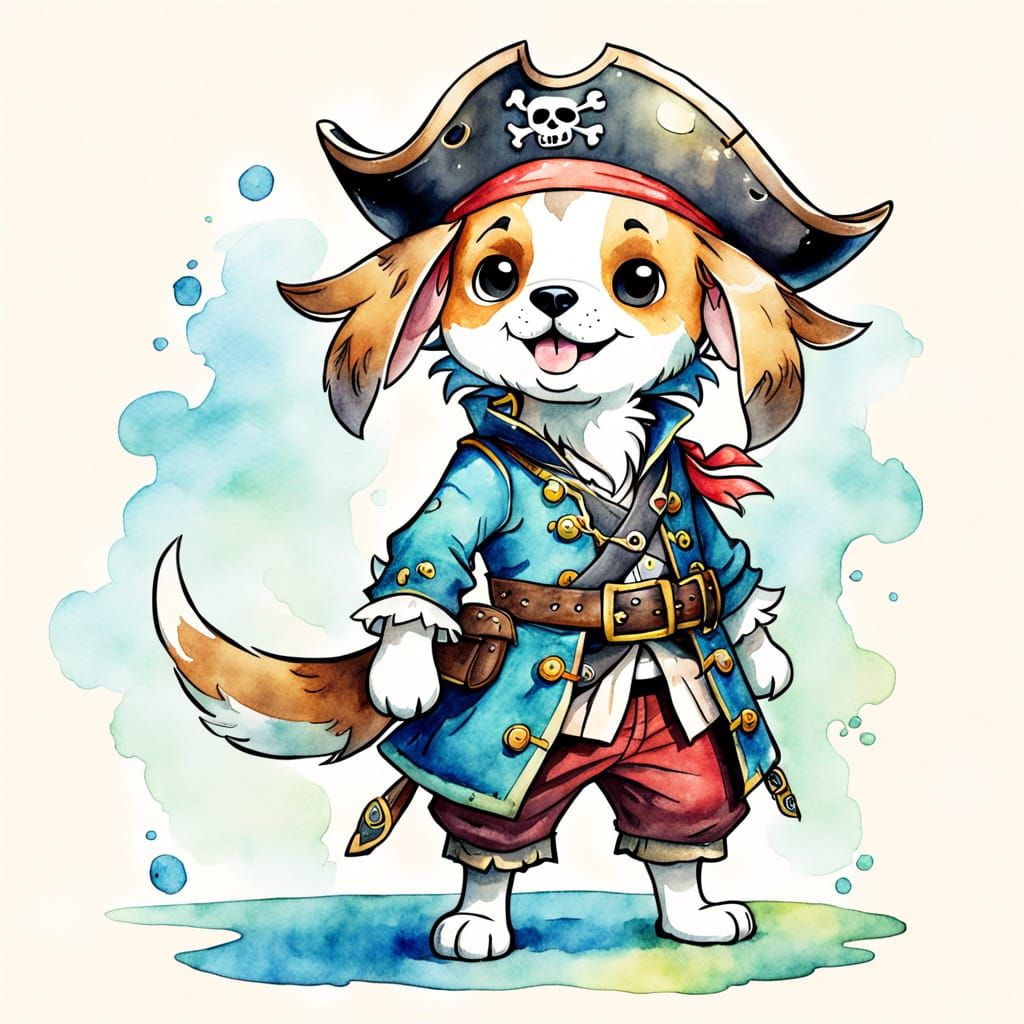 Cartoon Pirate Dog Watercolor Illustration
