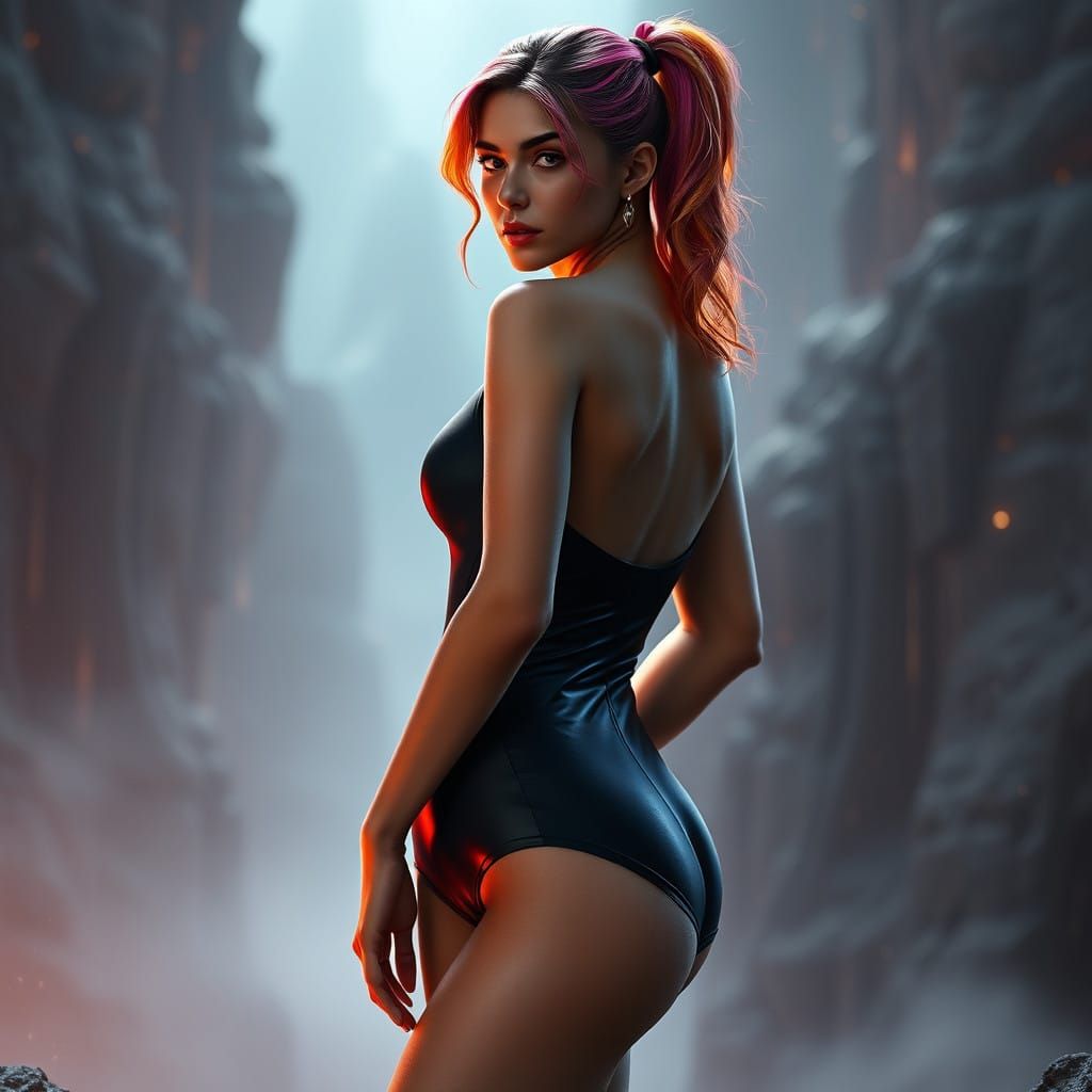 British Model in Sleek Onesie, Accentuated Hair, Dreamlike B...