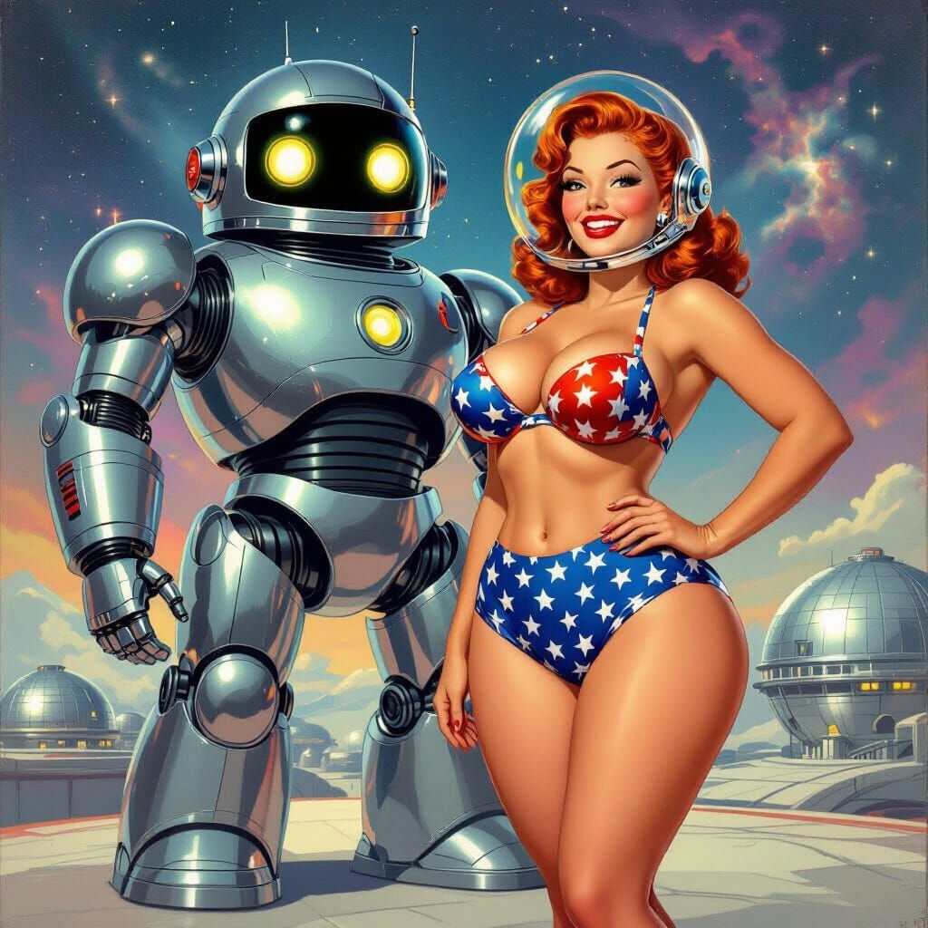 Retro-Futuristic Pinup Girl with Chrome Robot Companion