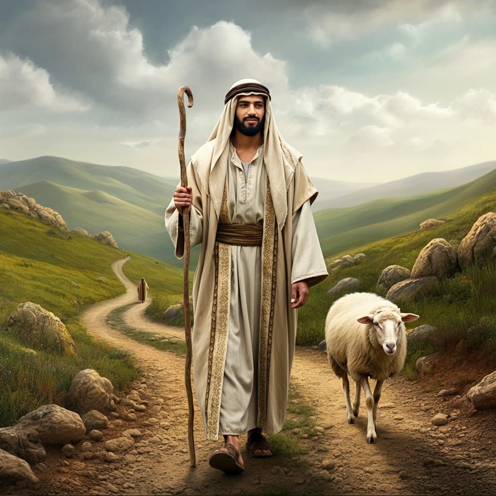 Young Shepherd Walks in Serene Middle Eastern Landscape