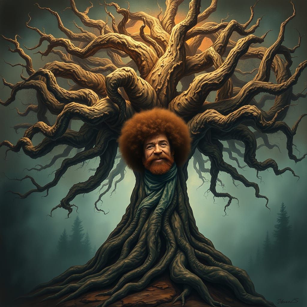Serene Bob Ross Transforms into a Dark Tree of Life