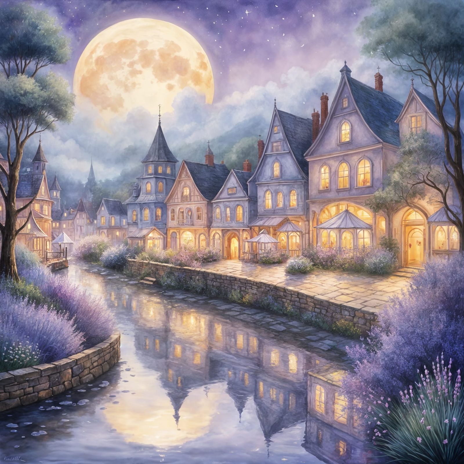 Whimsical Storybook Town in Pastel Moonlight