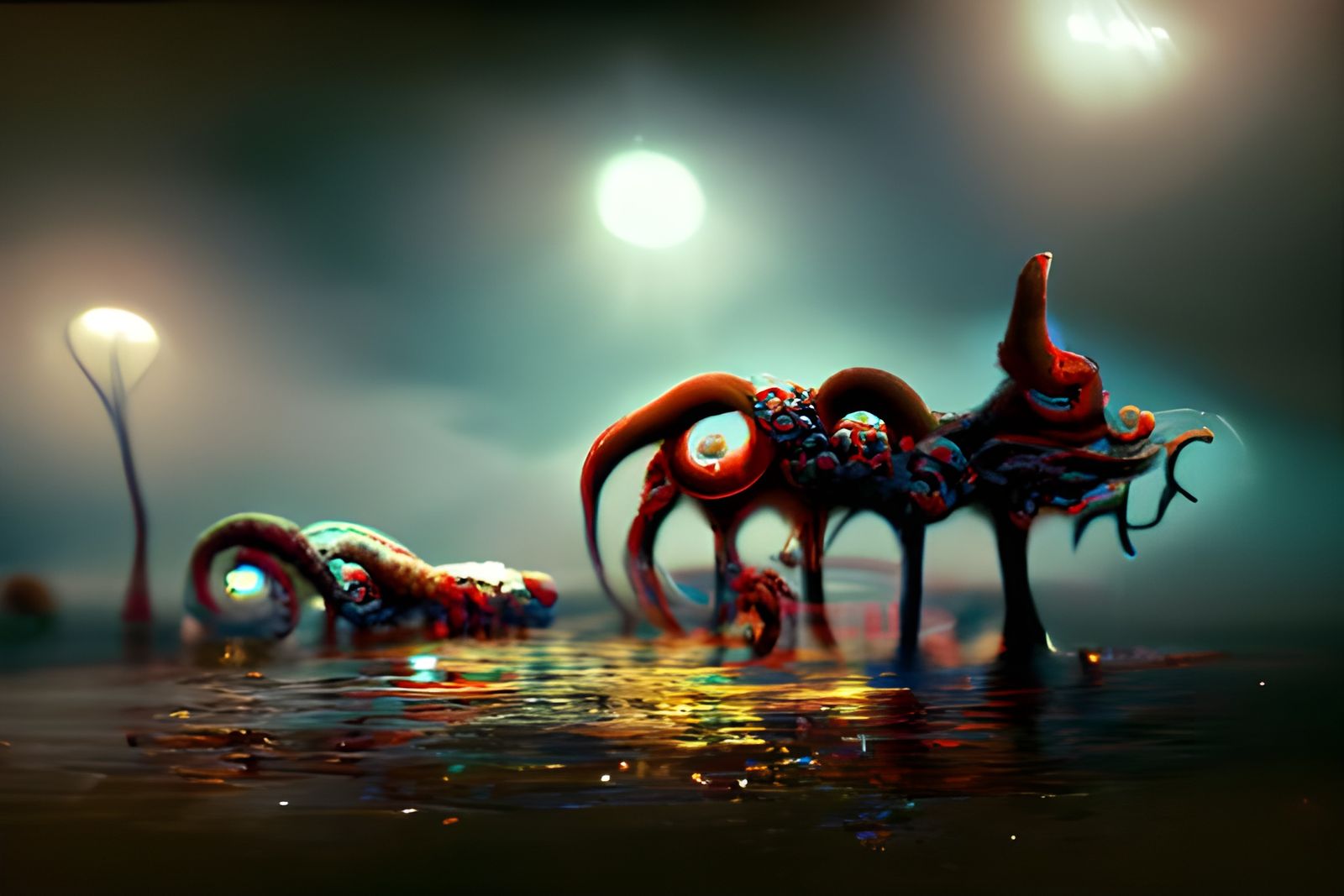 Surreal Monster Octopus Eats Car, Digital Illustration