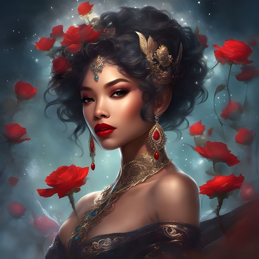 Stunning Black Asian Mermaid with Silver and Crimson