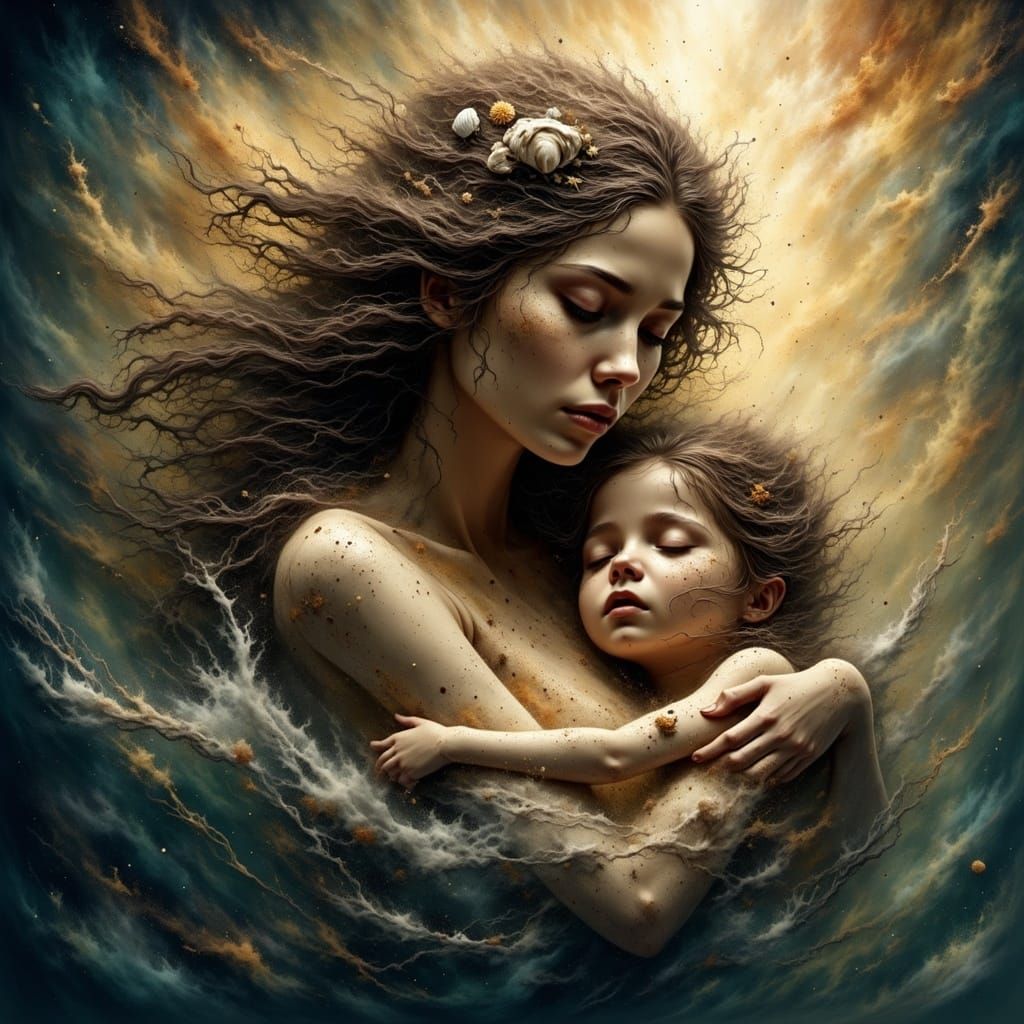 Mother Mermaid Cradles Her Serene Baby in an Ethereal Oceani...