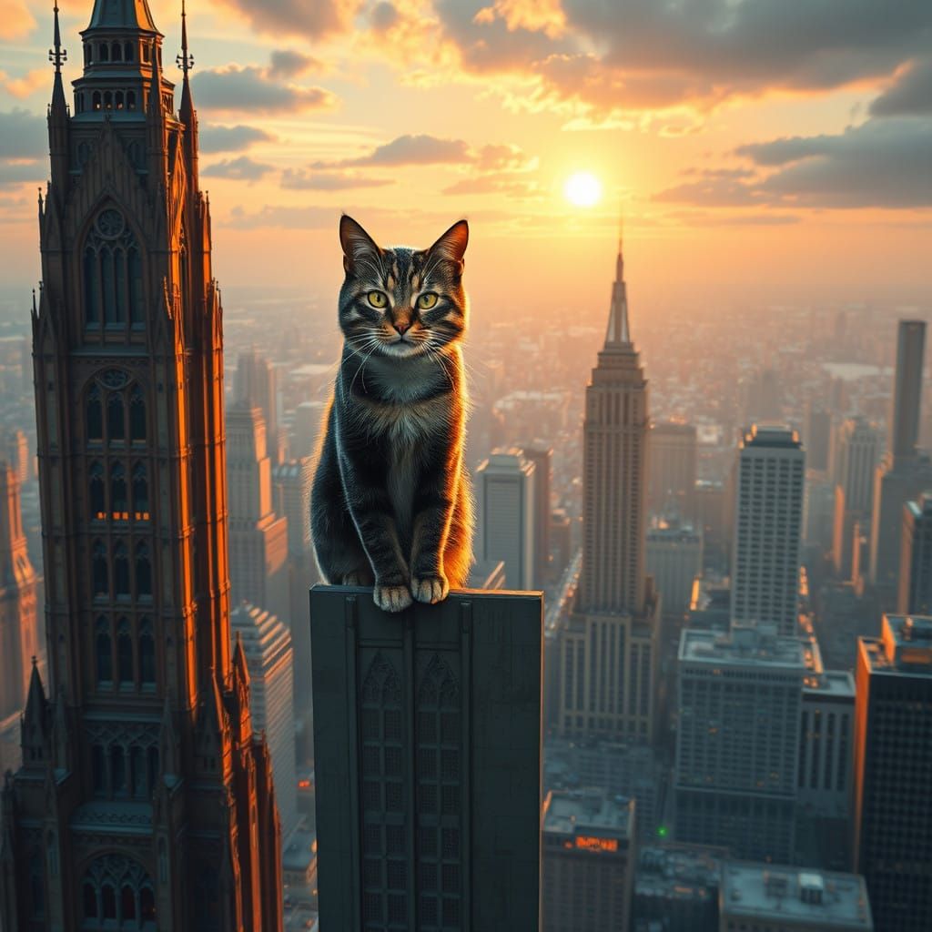 Regal Feline Surveys New York City from Gothic Skyscraper