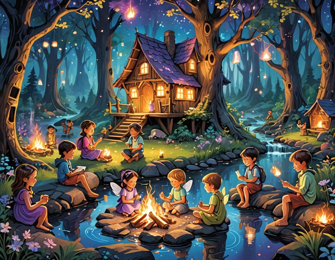 Enchanted Forest Campfire Scene at Twilight