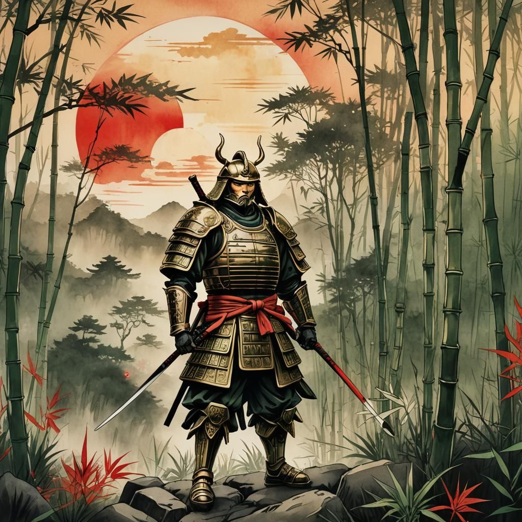 Powerful Japanese Warrior in Ink Wash Illustration