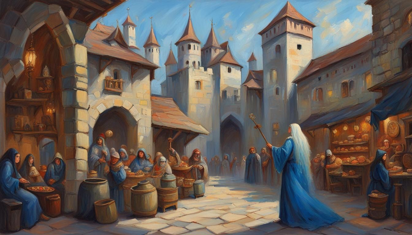Blue Haired Mage in Medieval Market, Oil Painting