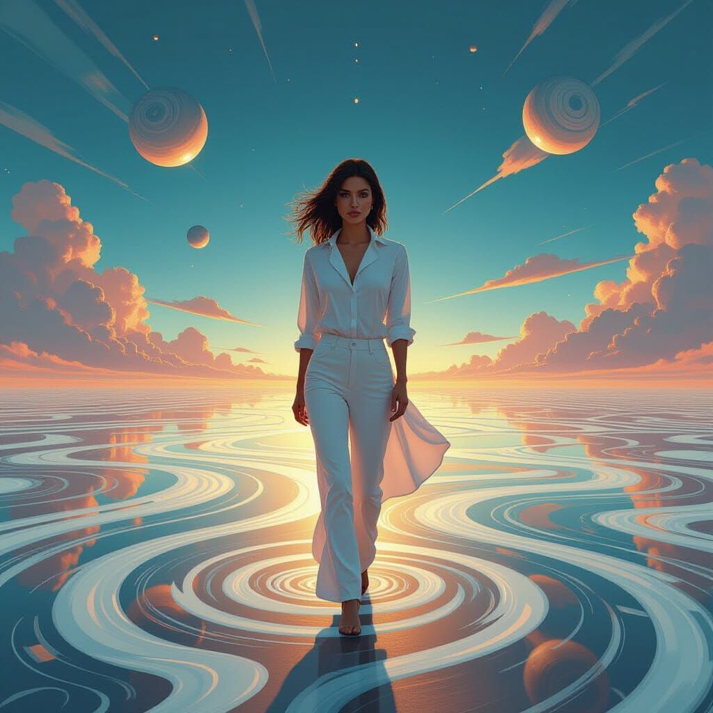 Surreal Tilted Horizon Landscape with Woman