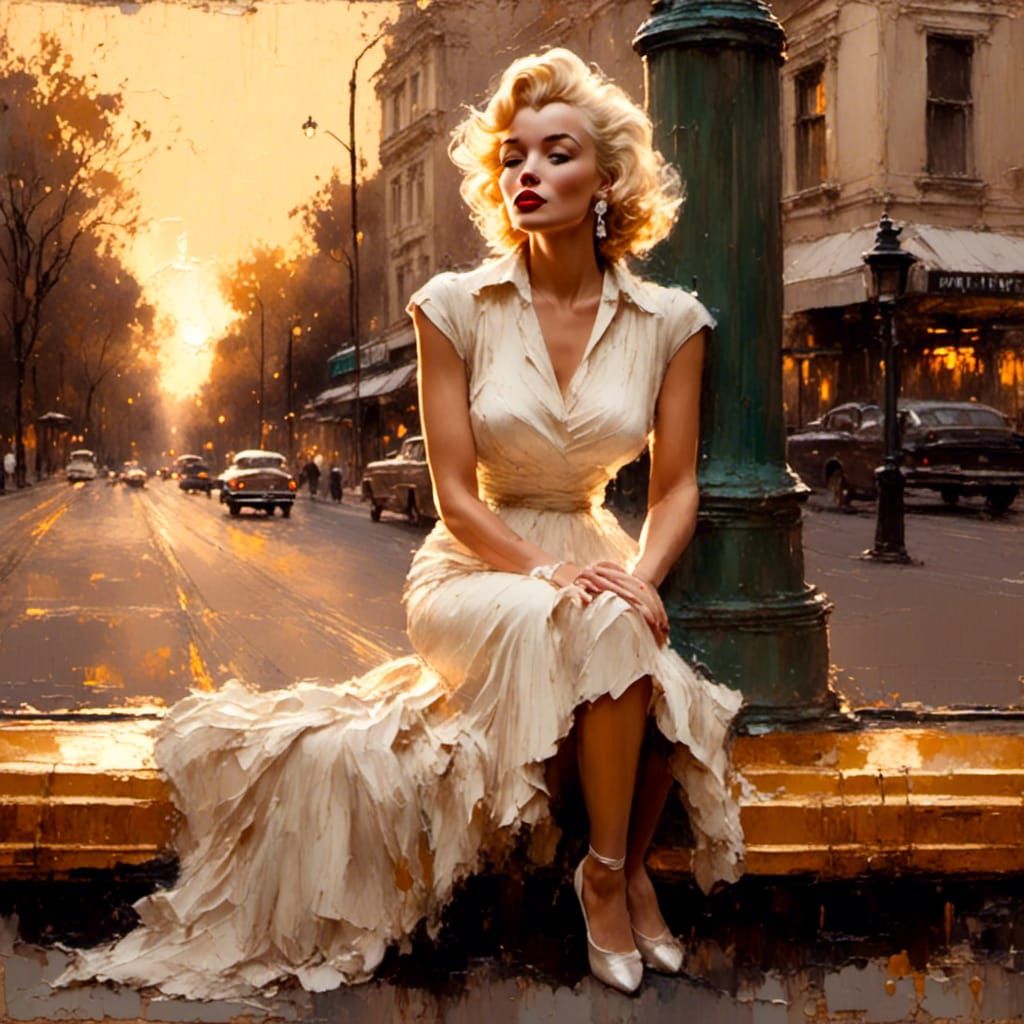 Marilyn Monroe at Bus Stop: Oil Painting in 1950s Style