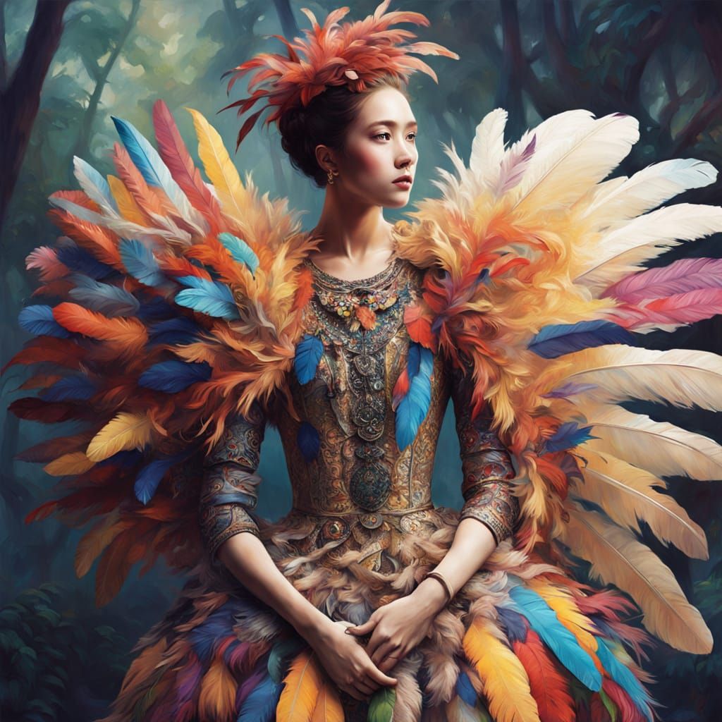 Woman in Colorful Feather Outfit in Lush Forest Oil Painting