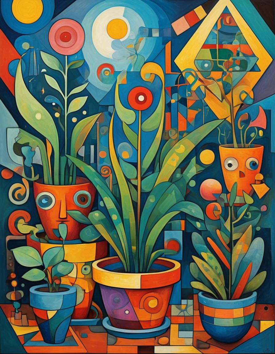 Fantasy Creatures in Pots: Cubist Geometric Fauvism
