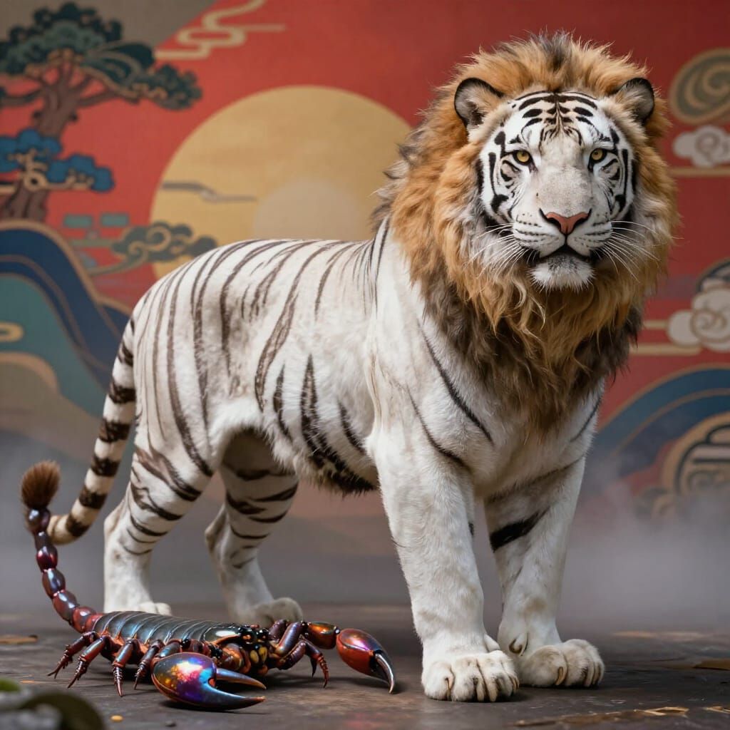 White Tiger with Scorpion Tail and Lion Mane on Japanese Bac...