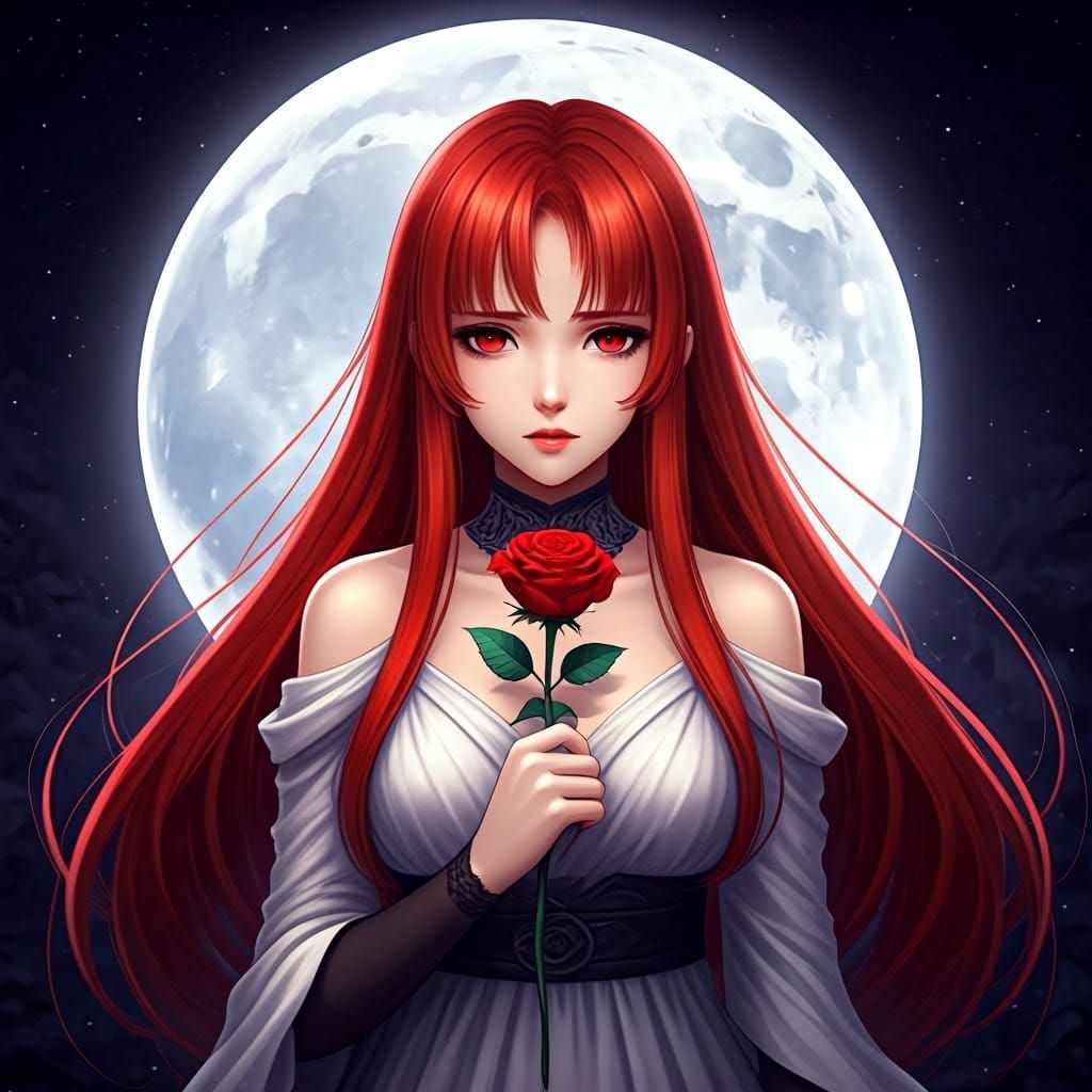 Melancholic Anime Woman Stands Before Full Moon, Holding Cri...