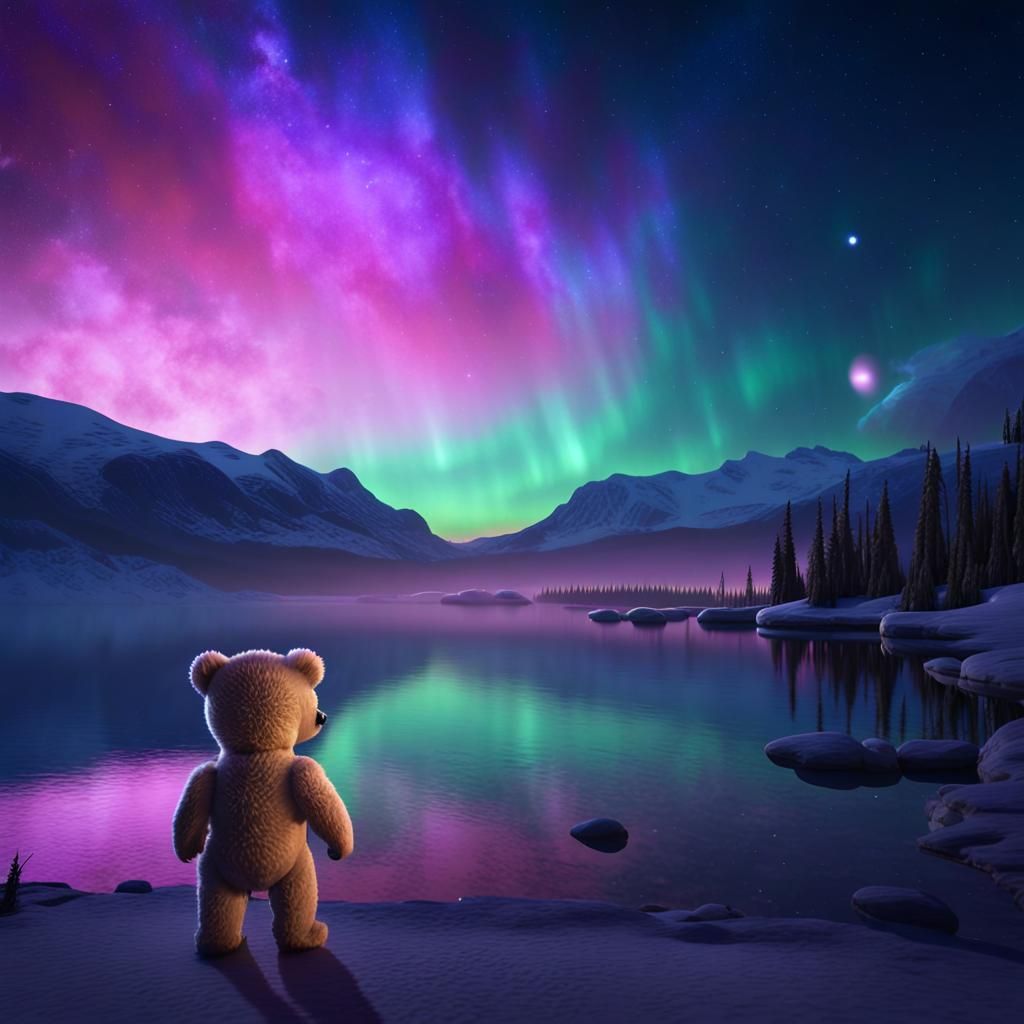 A teddy bear walking near a lake v1